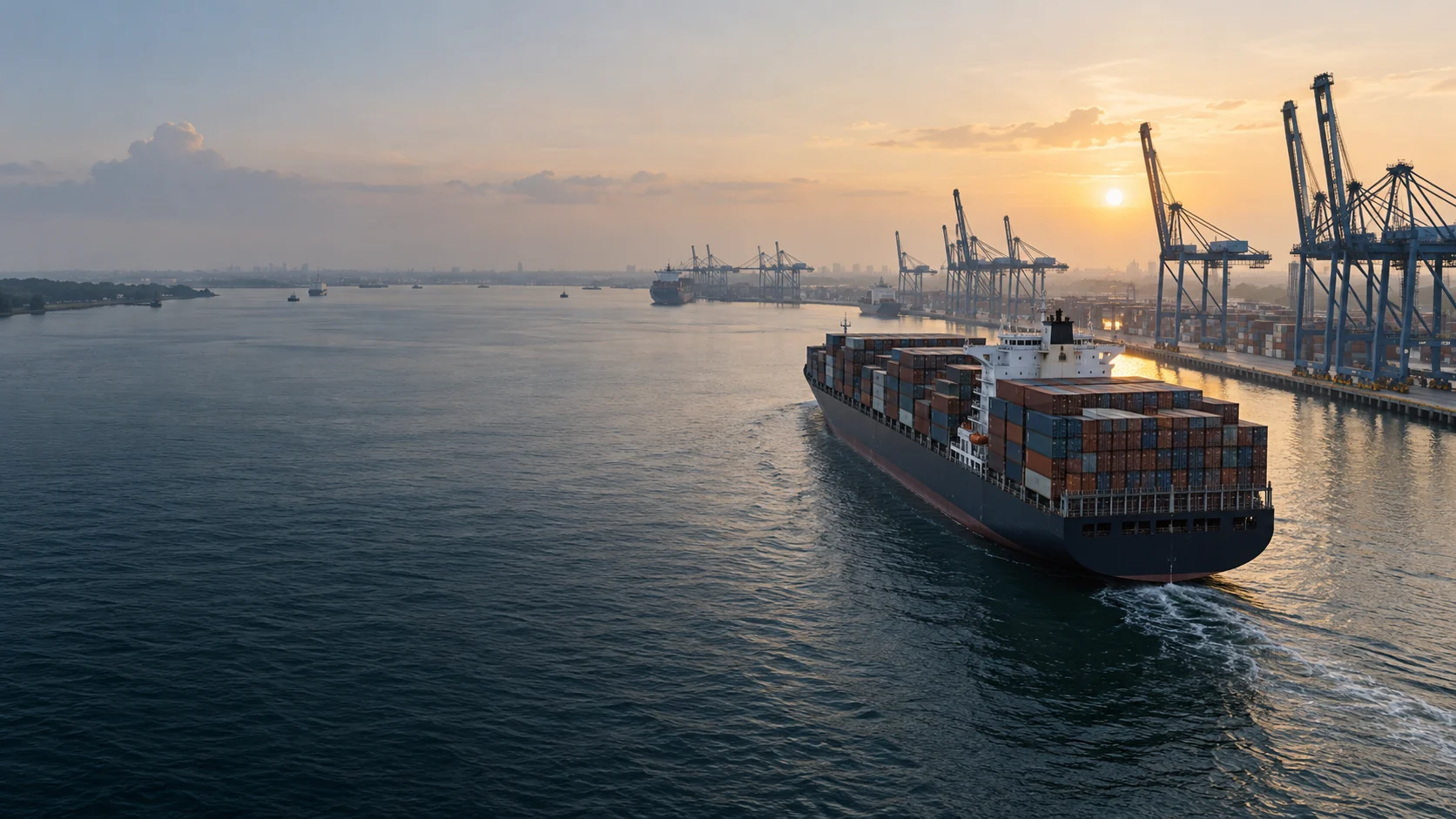 Container ship departing a port at dawn