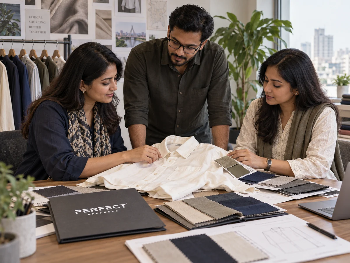 Merchandising team reviewing a shirt and fabric swatches