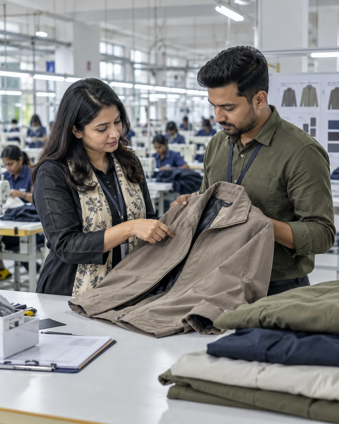 Apparel professionals discussing a jacket at a factory inspection station
