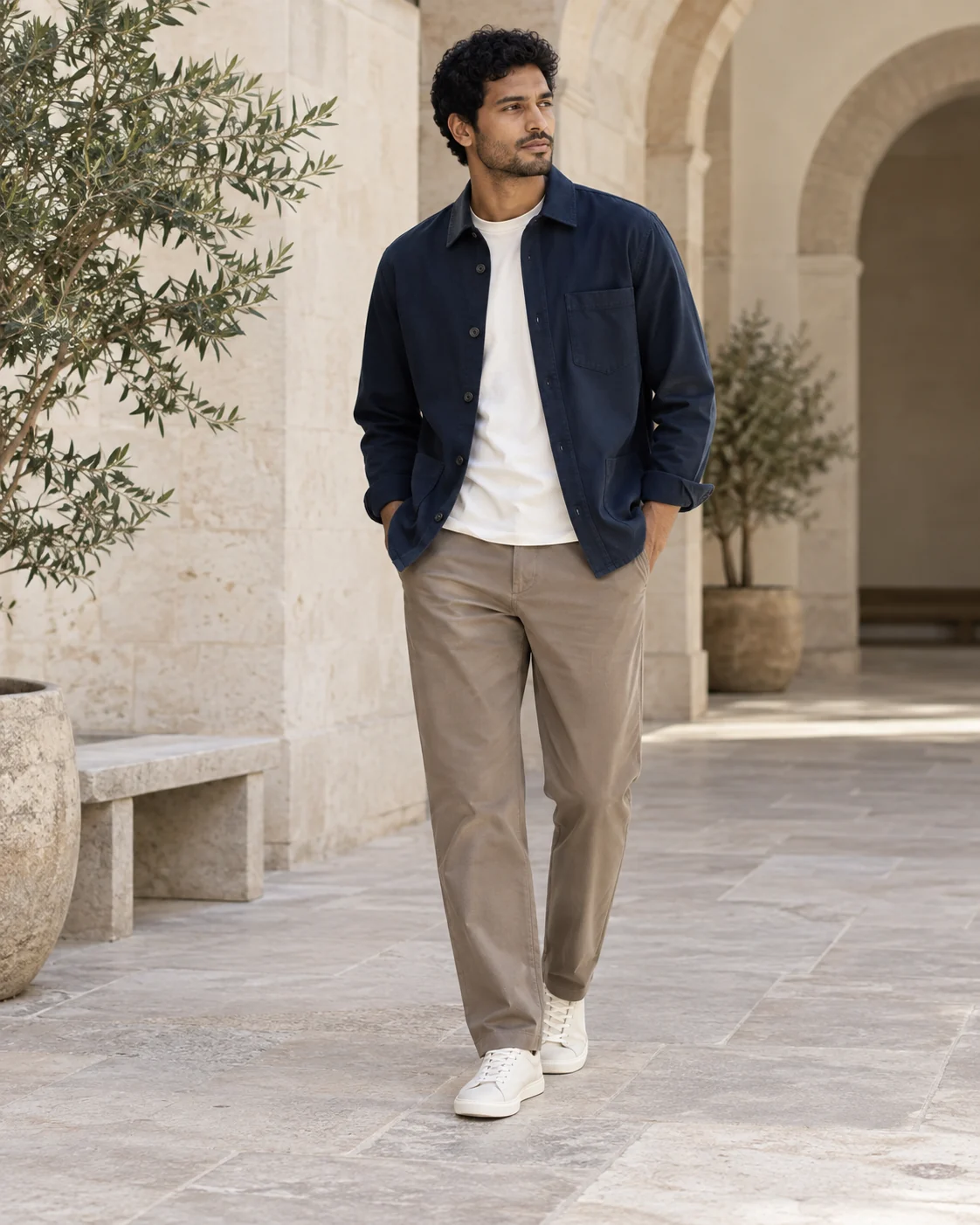 Menswear outfit with navy overshirt and taupe trousers