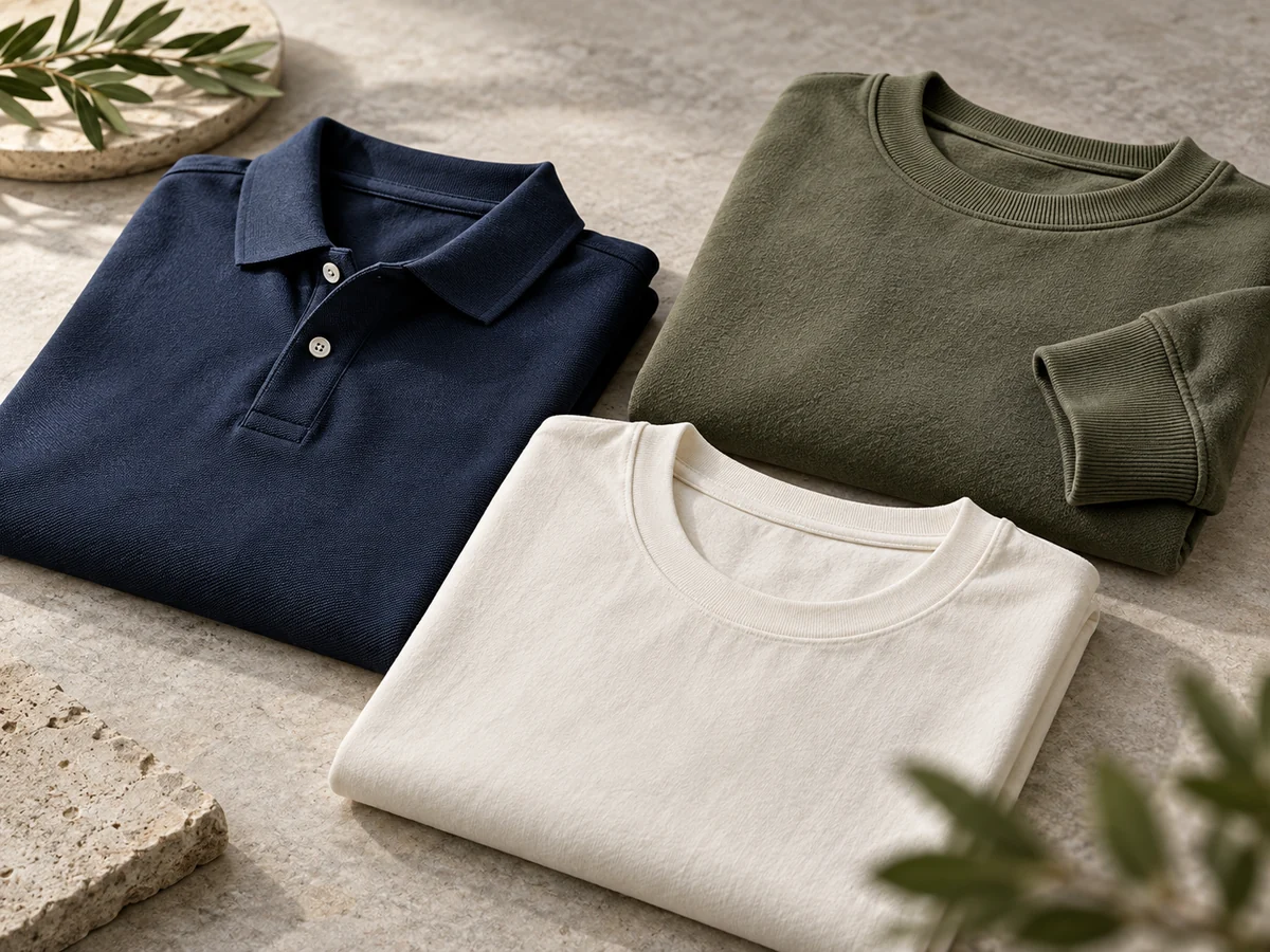 Cotton T-shirt, polo and sweatshirt in ivory, navy and olive