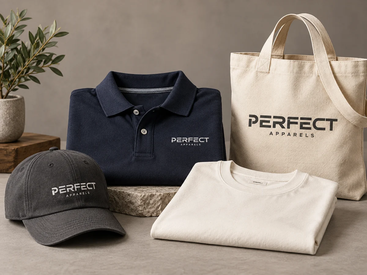 Perfect Apparels branded polo, cap and canvas tote with an ivory T-shirt