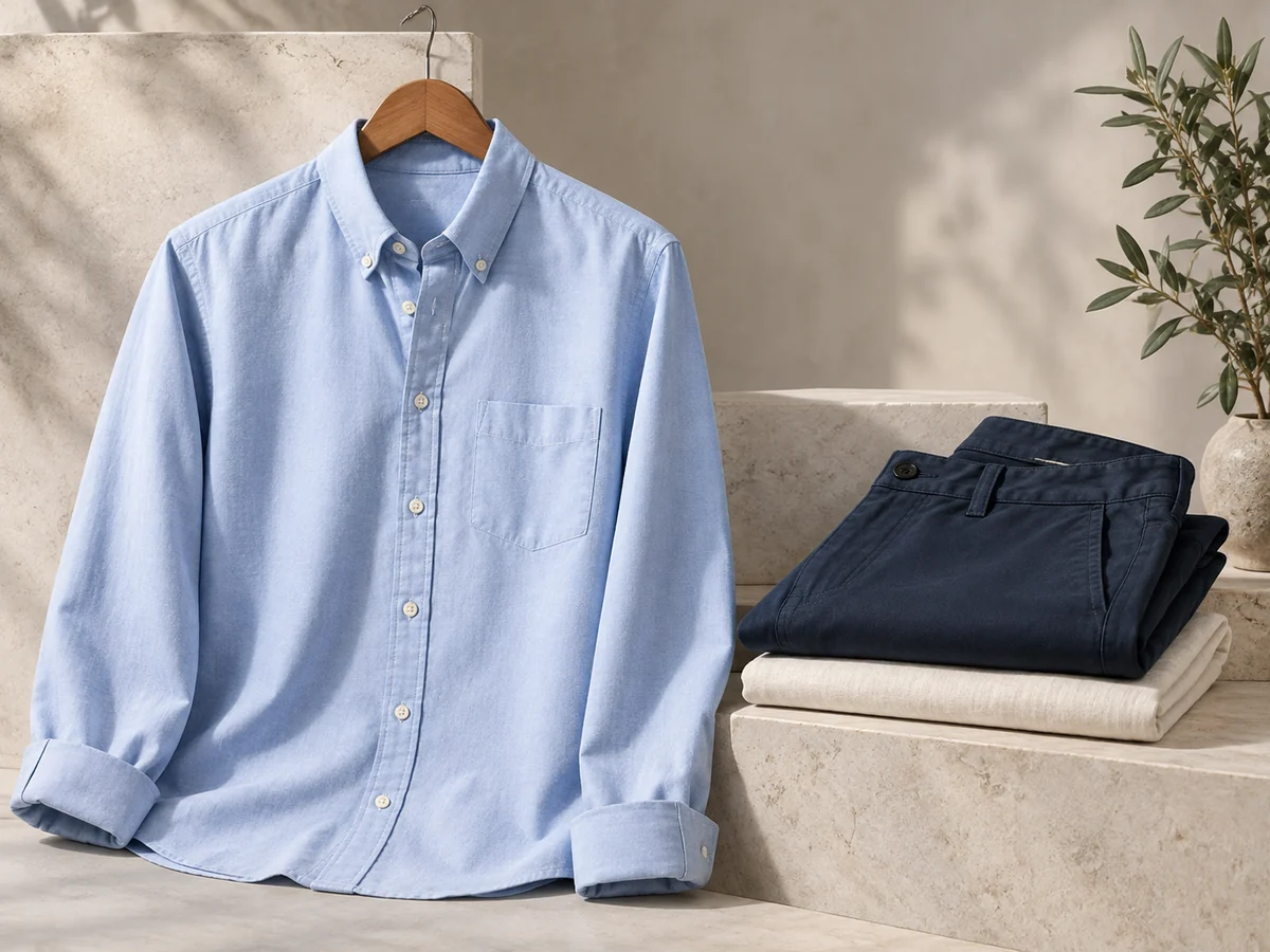 Blue Oxford shirt with navy trousers and ivory linen