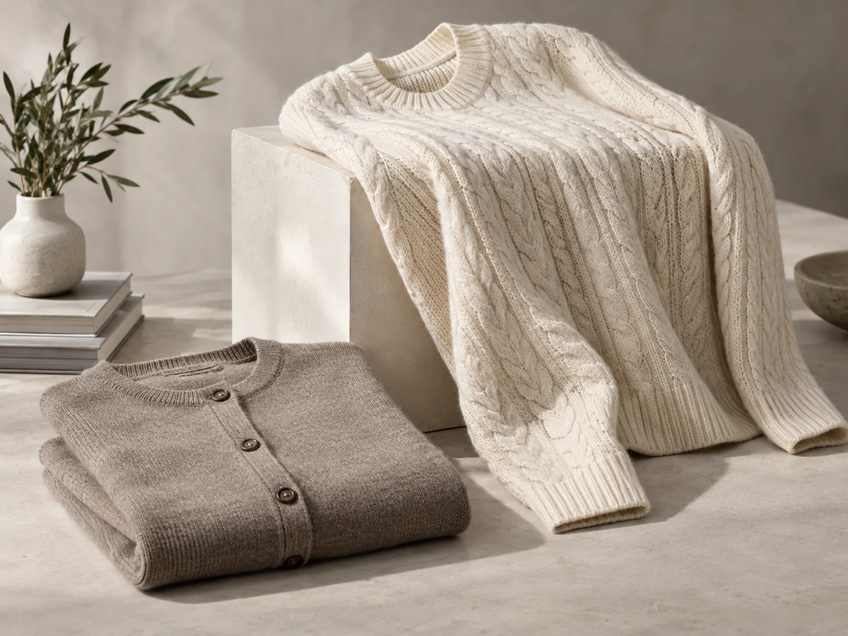 Ivory cable-knit pullover and taupe cardigan