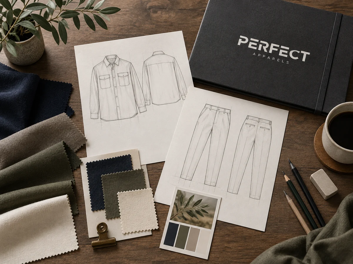 Garment sketches, swatches and Perfect Apparels development folder