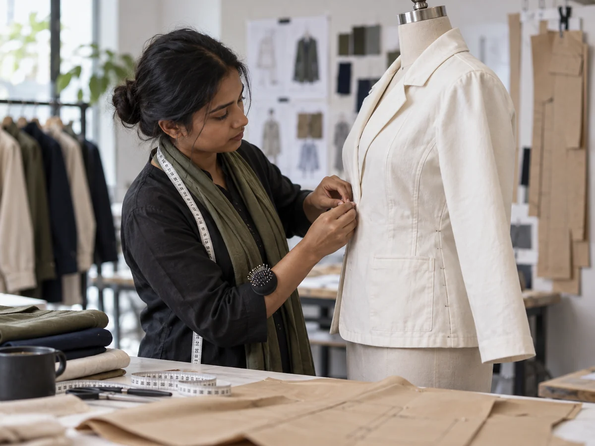 Sample maker fitting an ivory jacket on a dress form