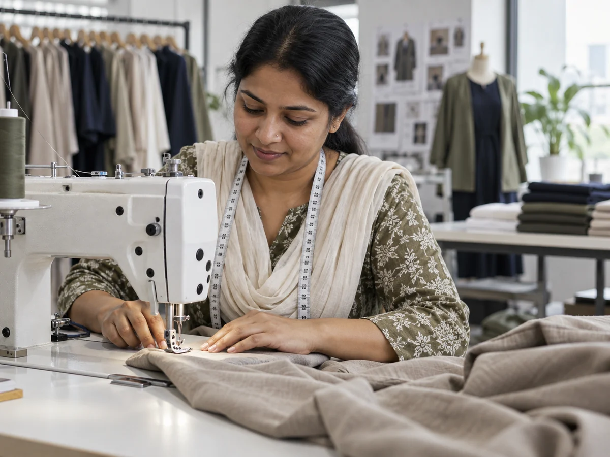 Garment maker sewing taupe fabric