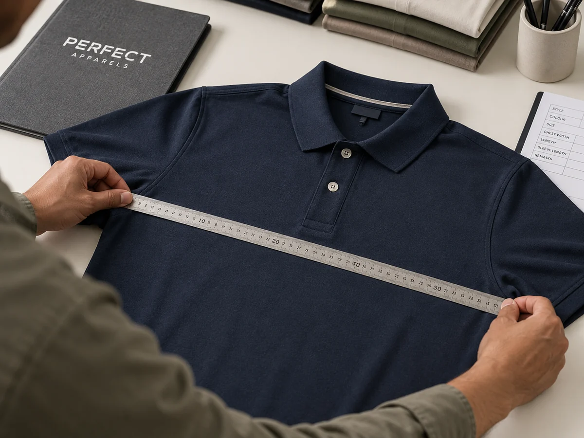 Inspector measuring a navy polo shirt