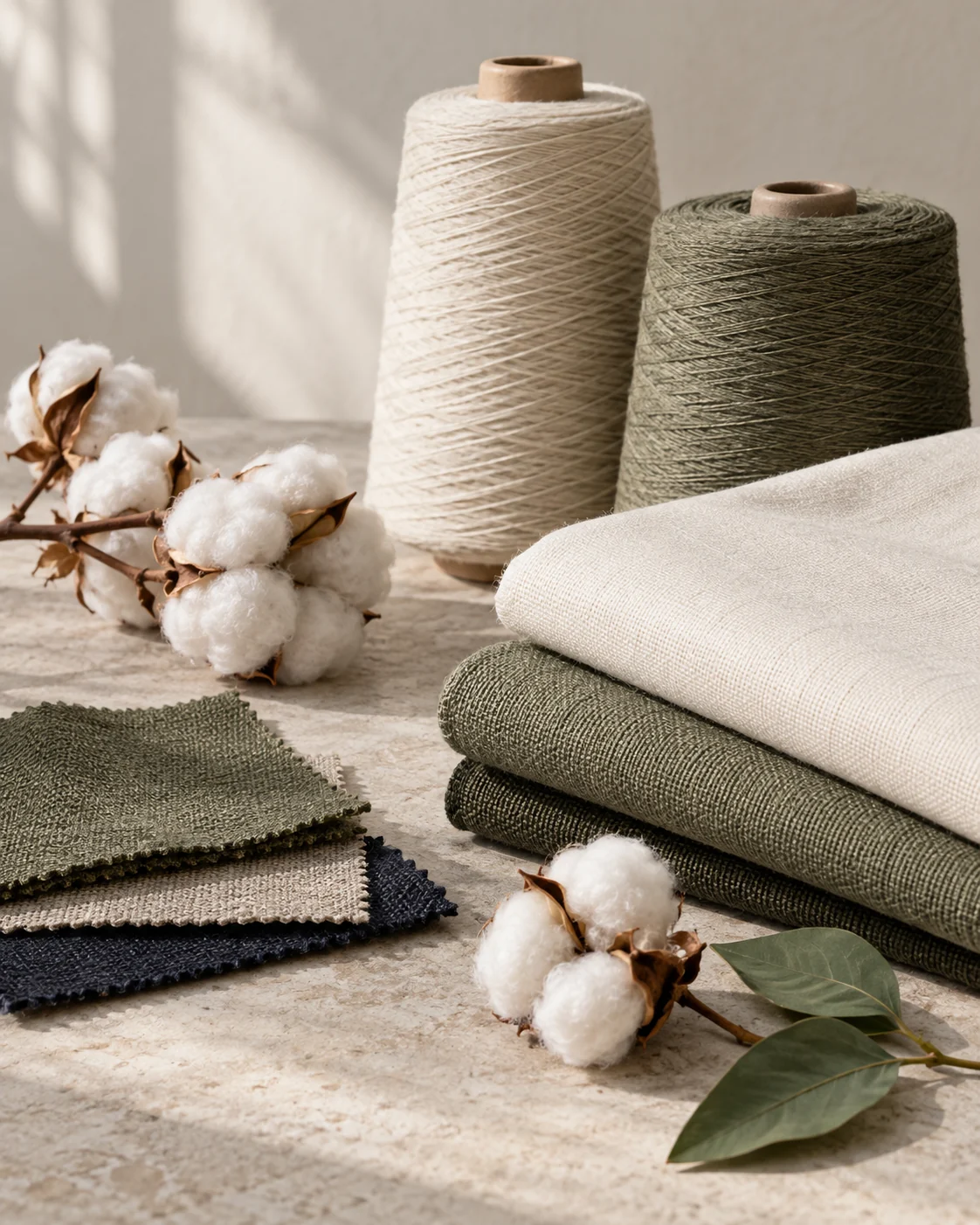 Cotton bolls, yarn and textile swatches