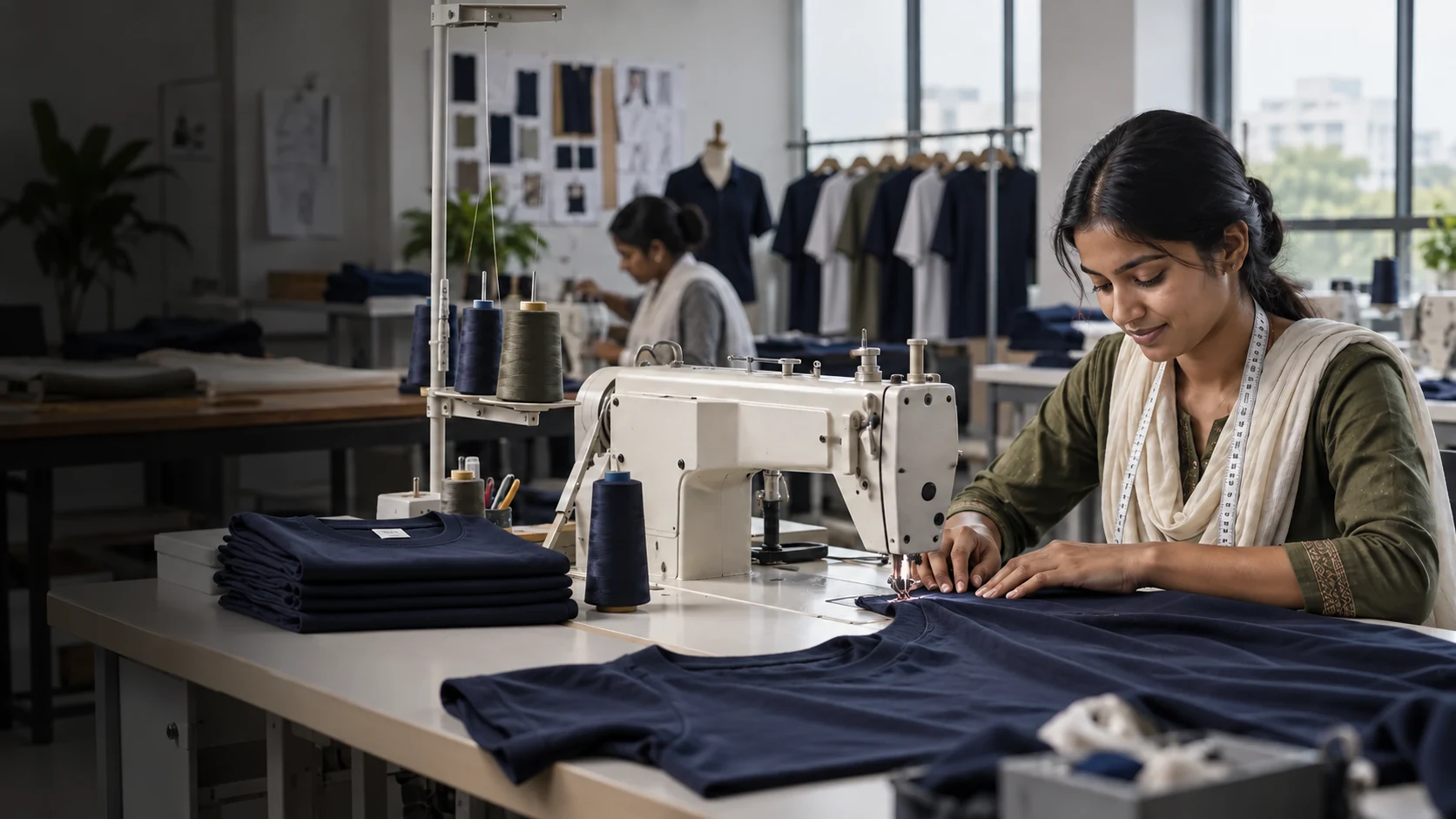 Garment maker sewing a navy cotton jersey T-shirt