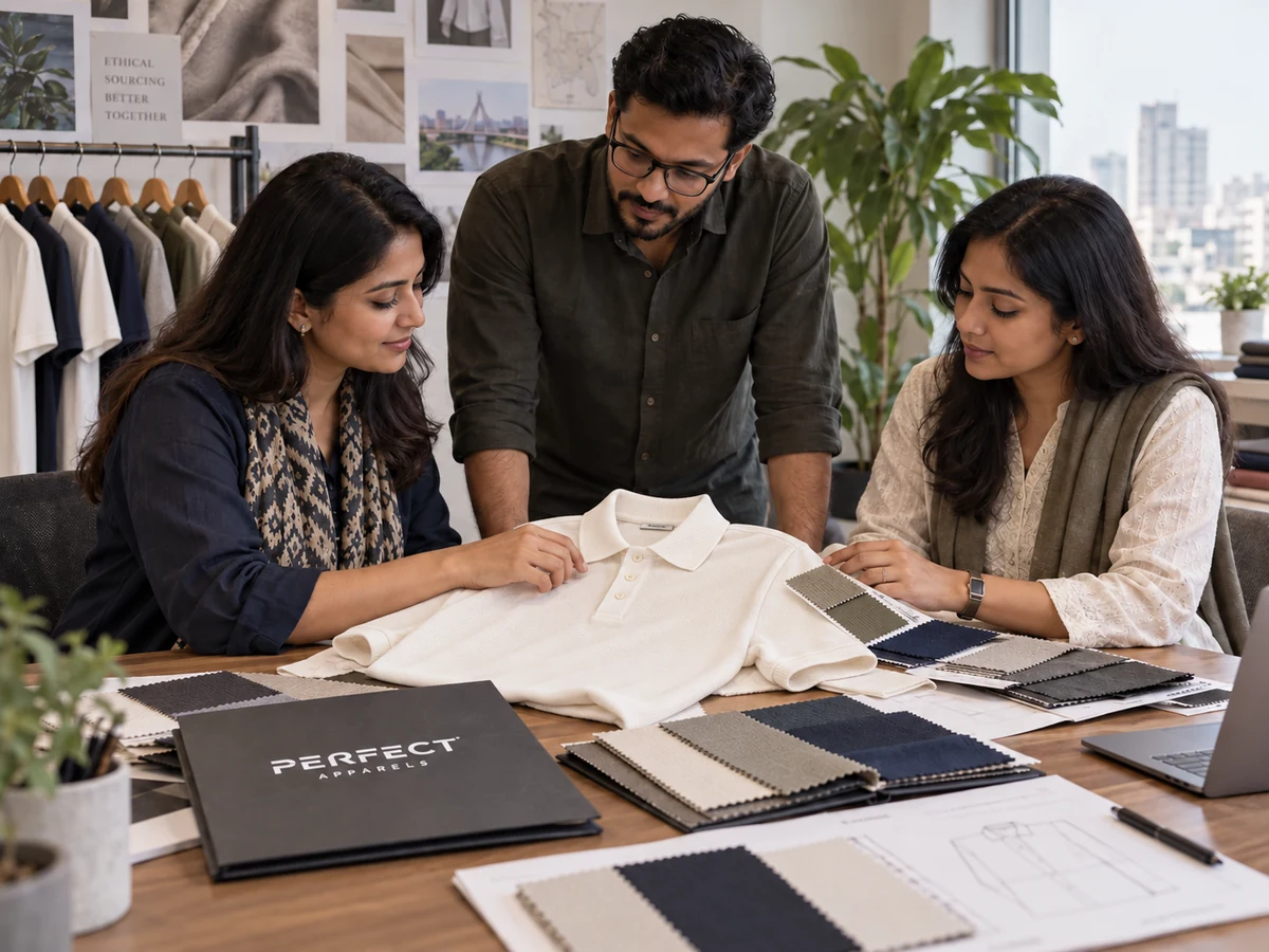 Merchandising team reviewing an ivory polo and knit fabric swatches