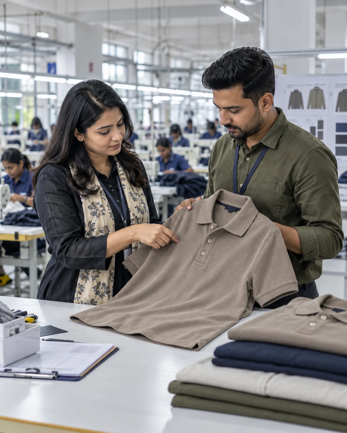 Apparel professionals inspecting a taupe piqué polo at a factory inspection station